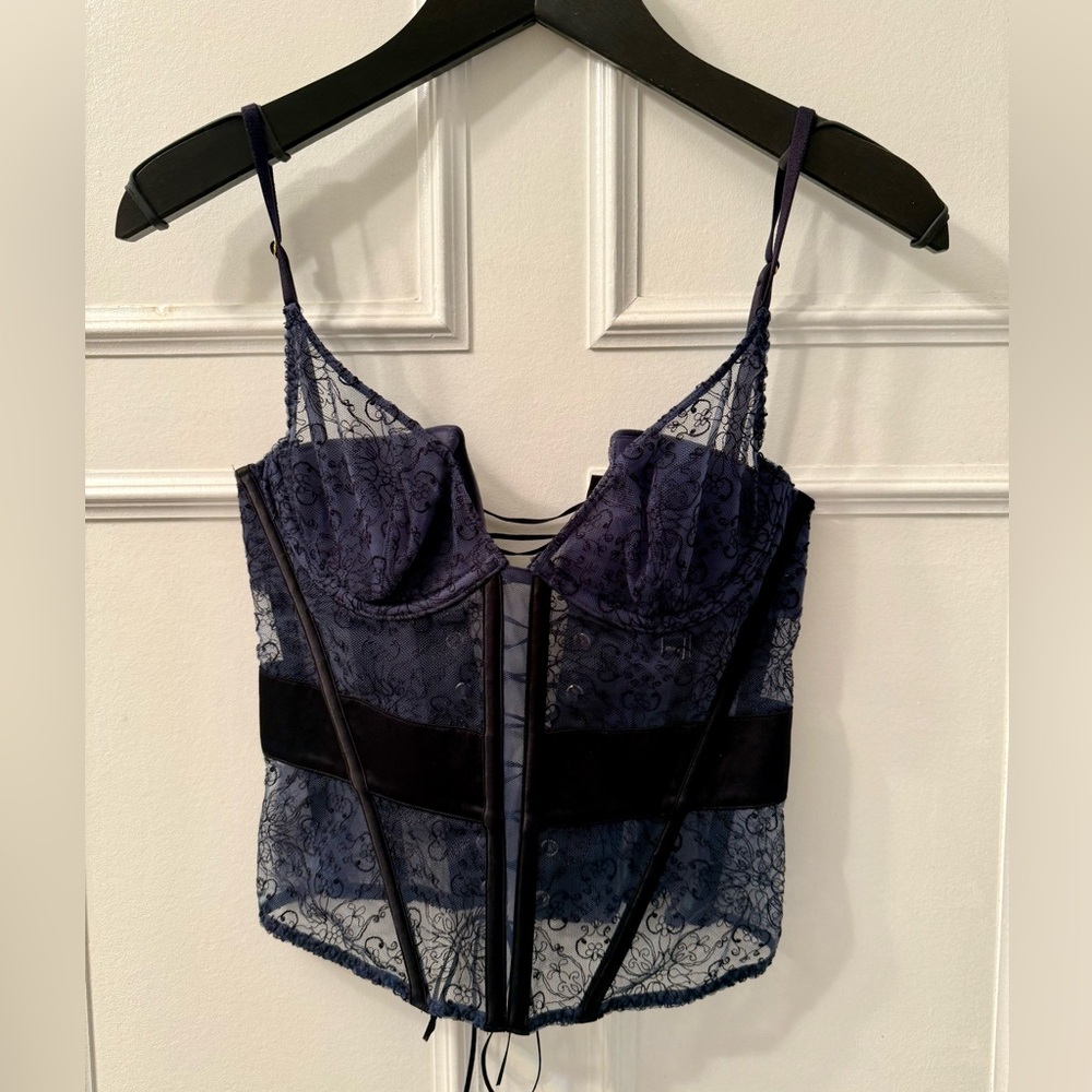 Victoria Secret Elegant Lace Corset Top in Navy Blue and Black
